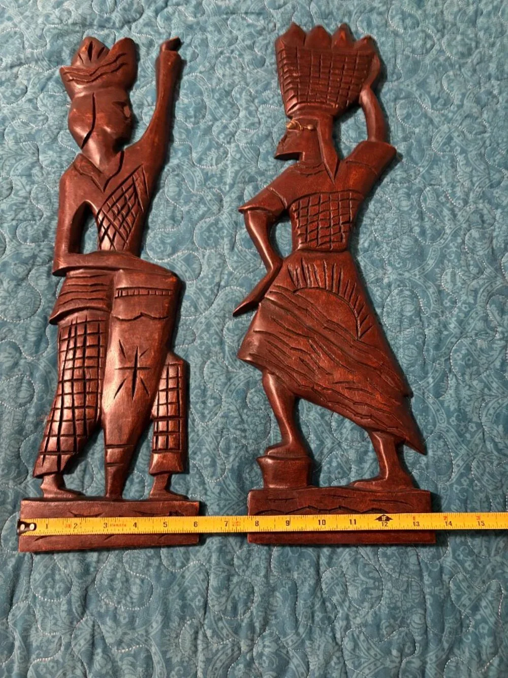 Vintage Hand Carved African Wooden Wall Art Fisherman Couple Figurines